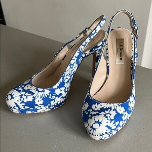 LK Bennett Floral Slingback Heels in Blue and White